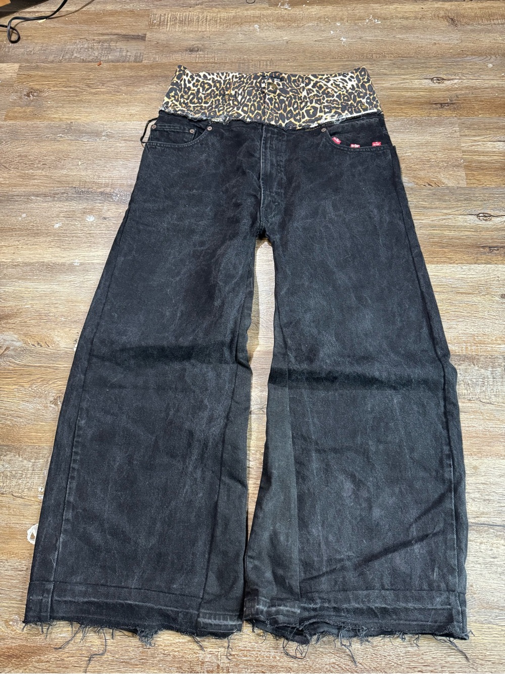 Y2K Cheetah Leopard Double-Waist Faded Black Baggy Jeans 33x30